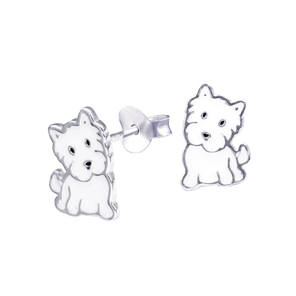 Sterling Silver White Dog Stud Earrings