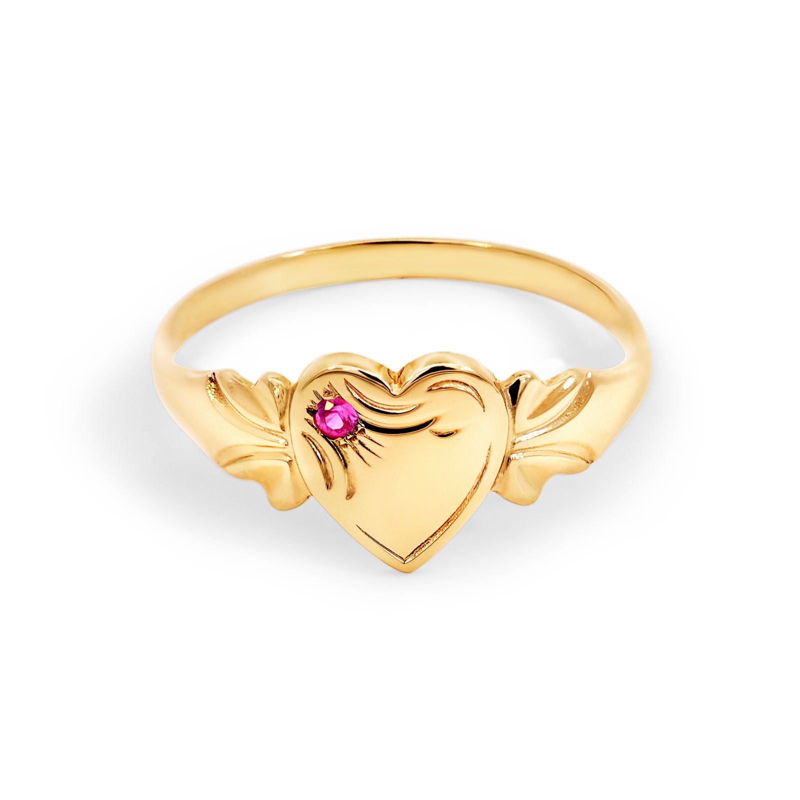 9ct Yellow Gold Single Heart Created Ruby Signet Ring