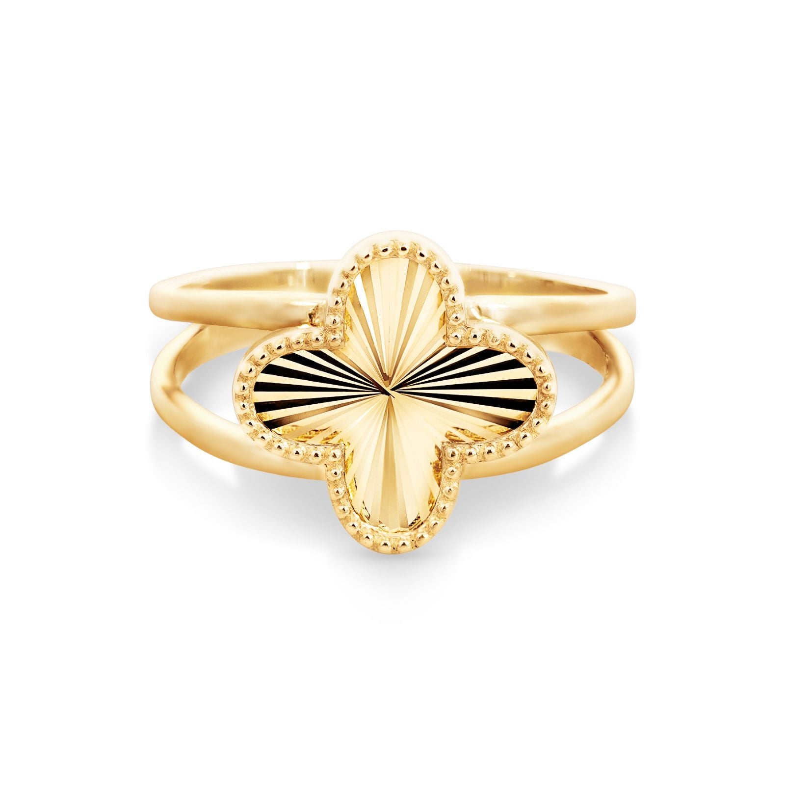 9ct Yellow Gold Four Leaf Clover Ring With Beaded Edges