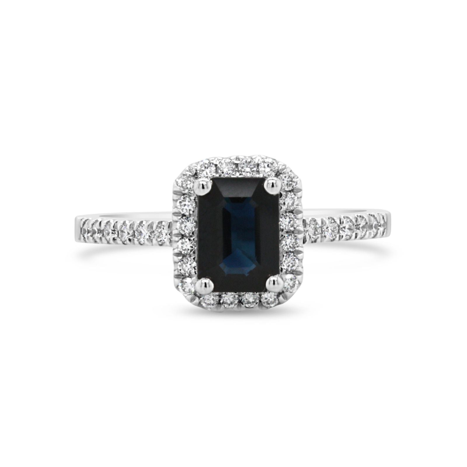 18ct White Gold Emerald Cut Sapphire Ring With Diamond Halo & Shoulders