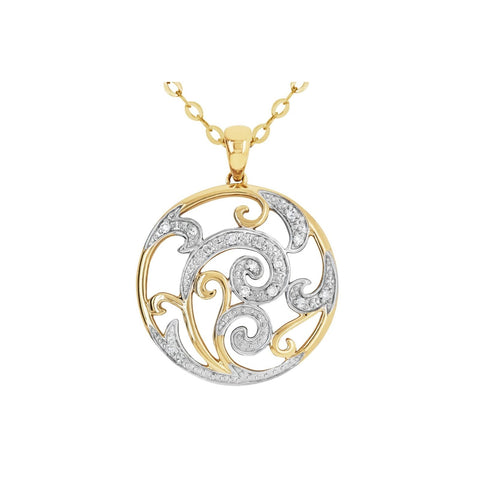 9ct Yellow Gold Circle Pendant Swirl Design Diamond Set