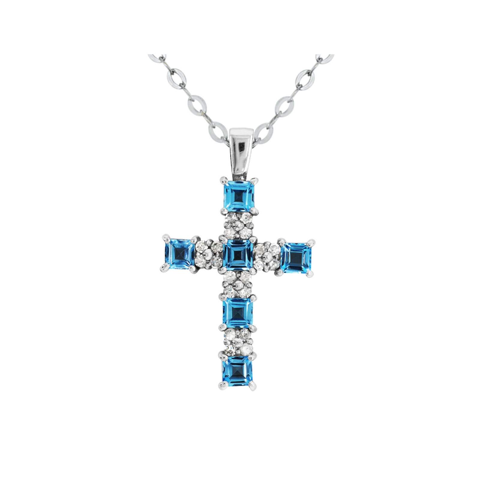 9ct White Gold Blue Topaz & Diamond Cross Pendant