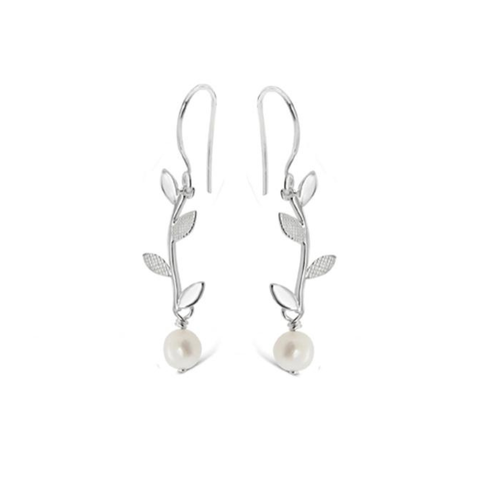 Sterling Silver Long Olive Leaf Drop Earrings With Pearl