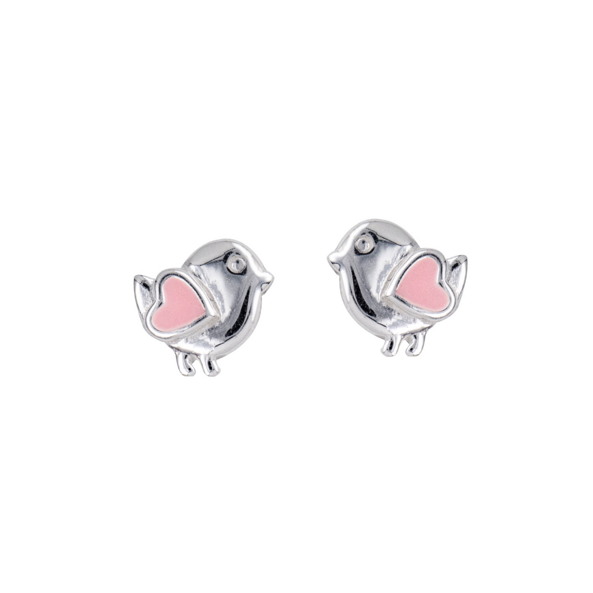 Sterling Silver Bird Stud Earrings With Pink Enamel Hearts