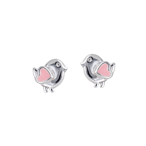 Sterling Silver Bird Stud Earrings With Pink Enamel Hearts
