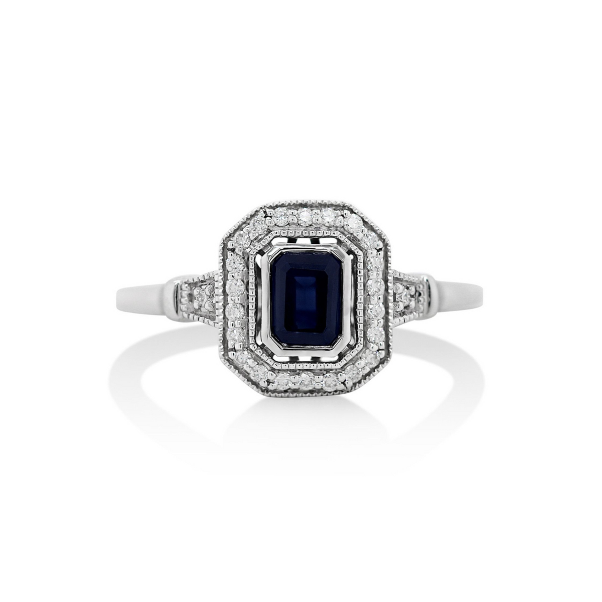 9ct White Gold Art Deco Sapphire Ring With Diamond Set Halo
