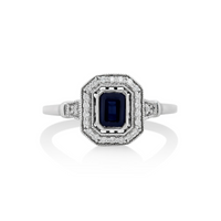 9ct White Gold Art Deco Sapphire Ring With Diamond Set Halo