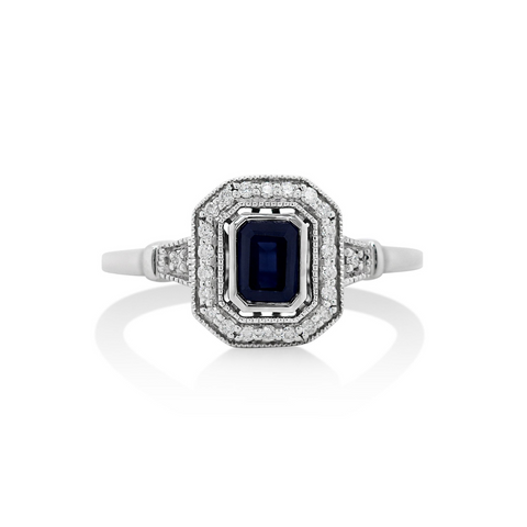 9ct White Gold Art Deco Sapphire Ring With Diamond Set Halo
