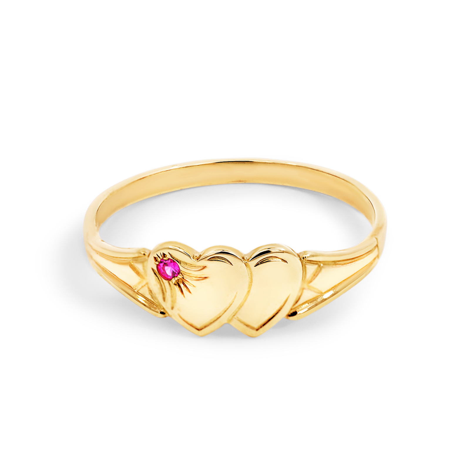 9ct Yellow Gold Double Heart Created Ruby Signet Ring