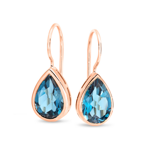 9ct Rose Gold Pear Shaped London Blue Topaz Earrings