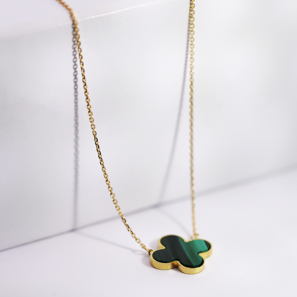 9ct Yellow Gold Malachite Four Leaf Clover Necklace - alternate view