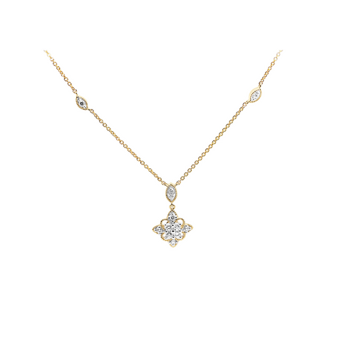 9ct Yellow Gold Diamond Floral Bead Set Drop Necklace