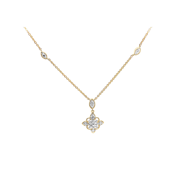 9ct Yellow Gold Diamond Floral Bead Set Drop Necklace