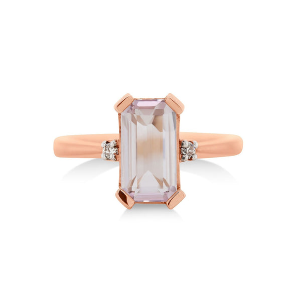 9ct Rose Gold Emerald Cut Morganiite And Diamond Ring