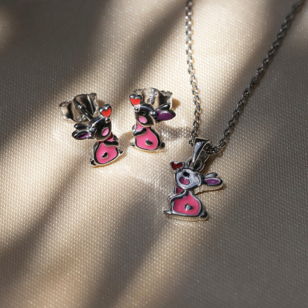 Sterling Silver Pink Enamel Rabbit Earrings - alternate view