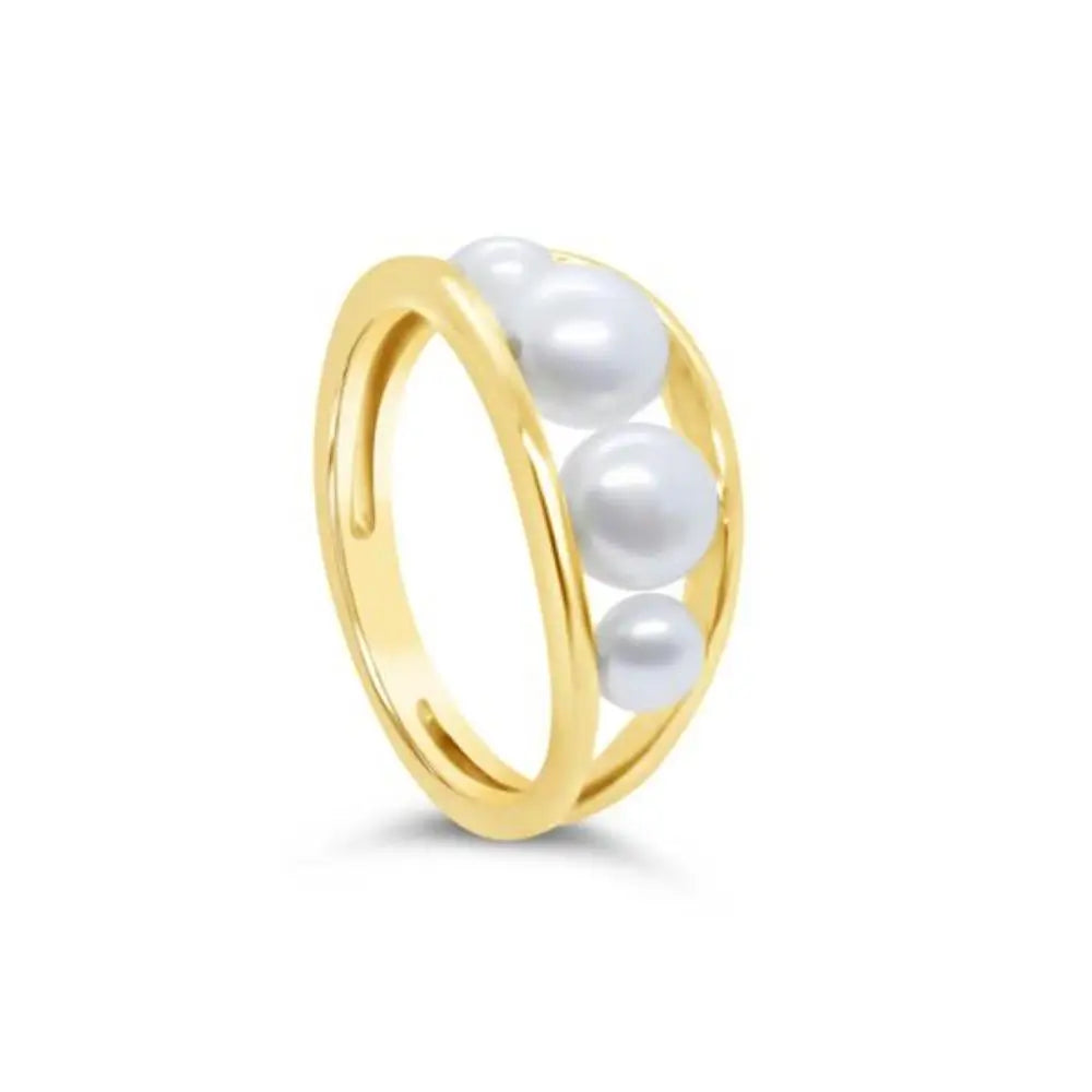 Yellow Gold Plated Double Band Ring With 4 Freshwater Pearls