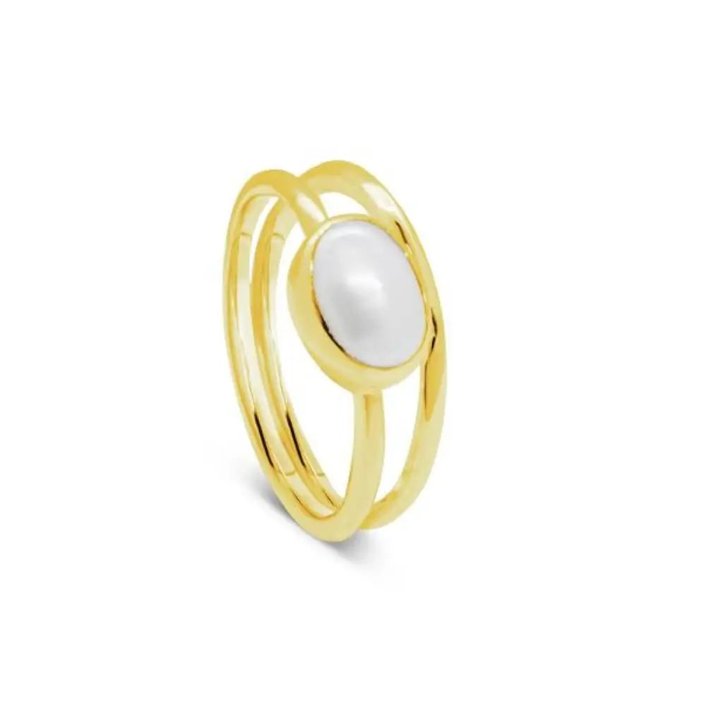 Yellow Gold Plated Double Band Ring With Pearl