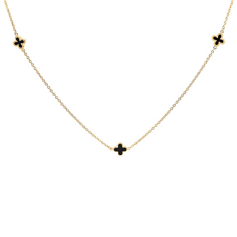 9ct Italian Yellow Gold Black Enamel Four Leaf Clover Necklace - alternate view