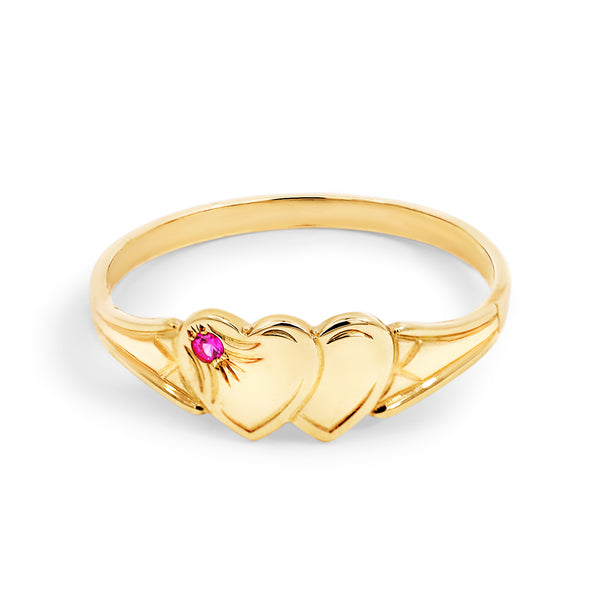 9ct Yellow Gold  Double Heart Created Ruby Signet Ring - alternate view