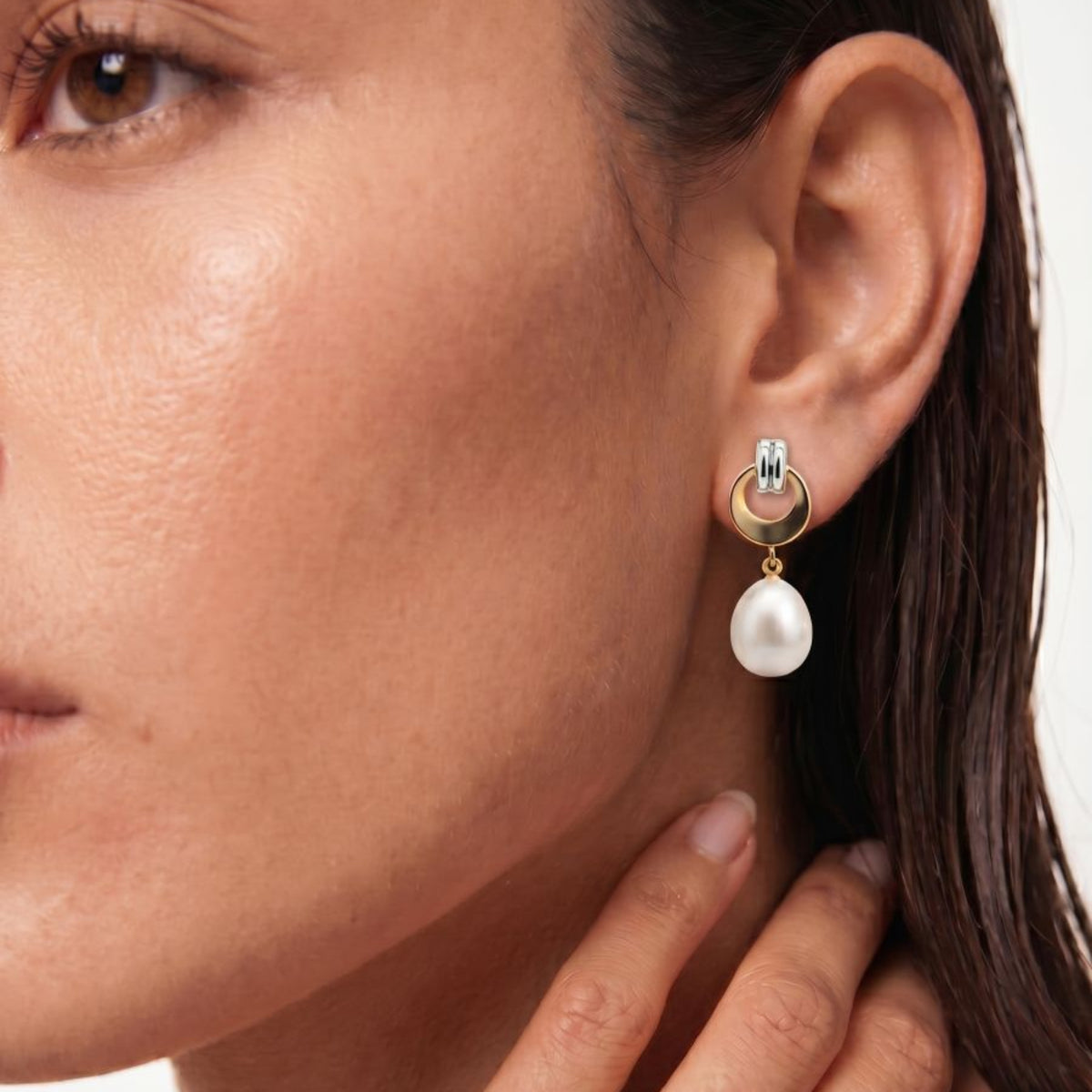 9ct Two Tone Freshwater Pearl Drop Earrings