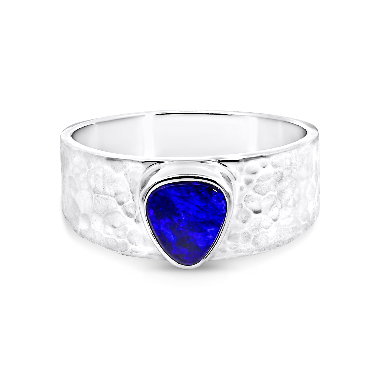 Sterling Silver Blue Triangular Opal Ring With Hammered Band – My ...