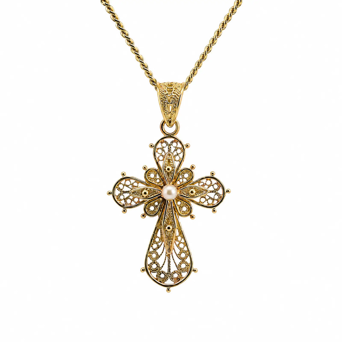 18ct Yellow Gold Filigree Cross With Freshwater Pearl