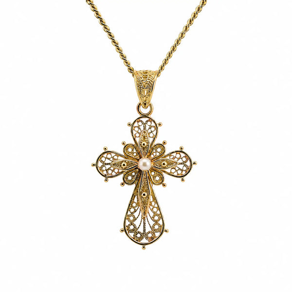 18ct Yellow Gold Filigree Cross With Freshwater Pearl
