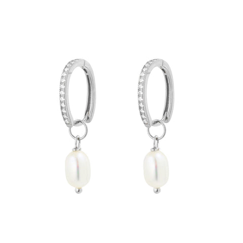 Sterling Silver Oval Cz Huggie Earrings With Freshwater Pearl Drop - alternate view
