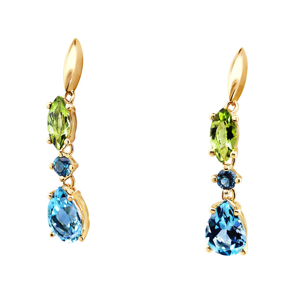 9ct Yellow Gold London Blue Topaz, Sky Blue Topaz And Peridot Drop Earrings - alternate view
