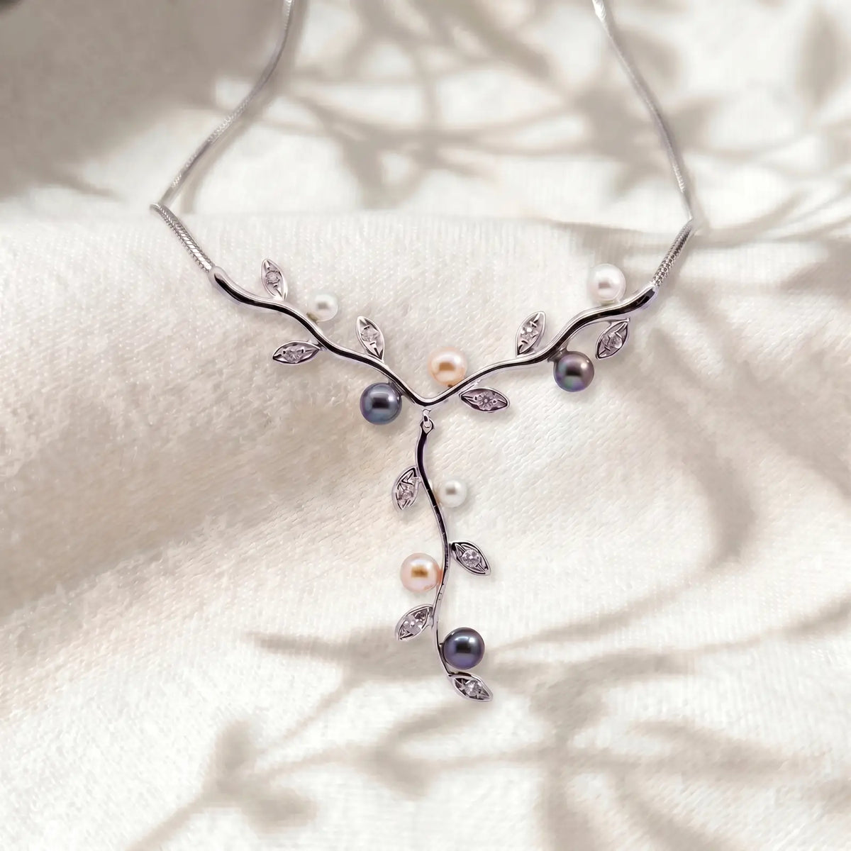 9ct White Gold Pearl & Cubic Zirconia Vine Necklace