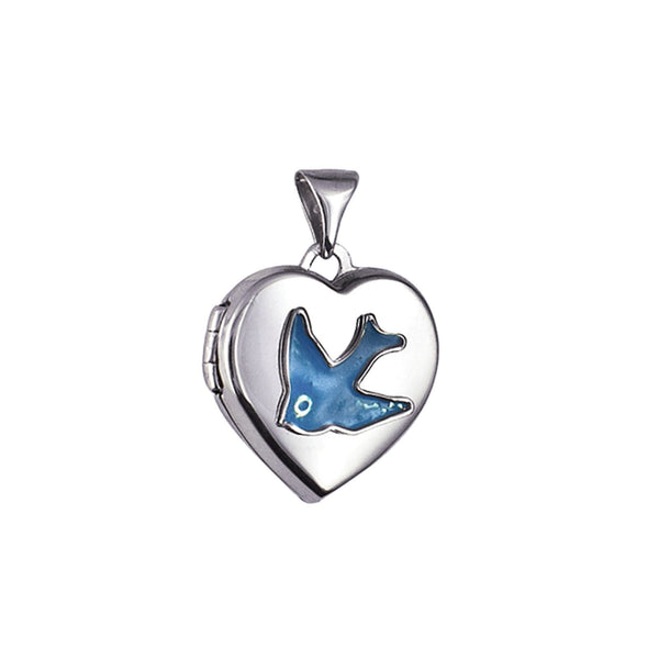 Sterling Silver Polished Heart Locket Enamel Blue Bird - alternate view
