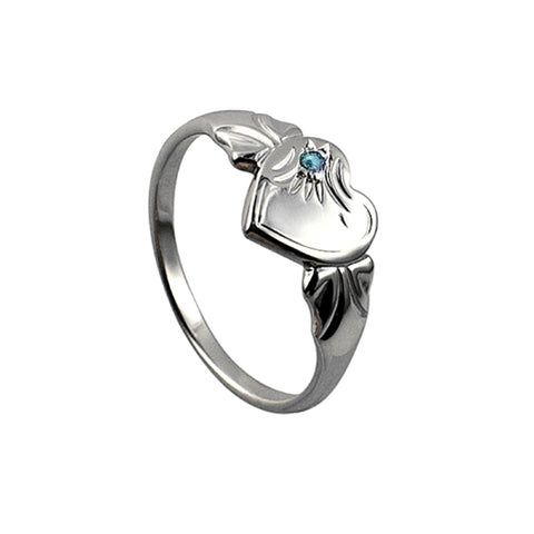 Sterling Silver Single Heart March Birthstone Signet Ring Size F - alternate view