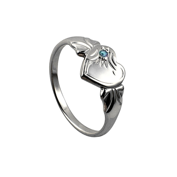 Sterling Silver Single Heart March Birthstone Signet Ring Size F - alternate view