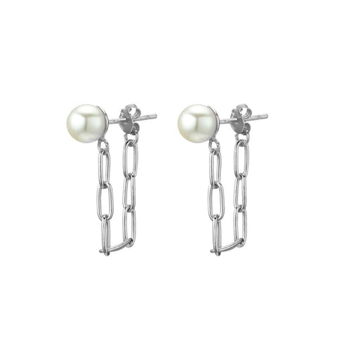 Sterling Silver Pearl Stud Earrings With Open Link Chain - alternate view