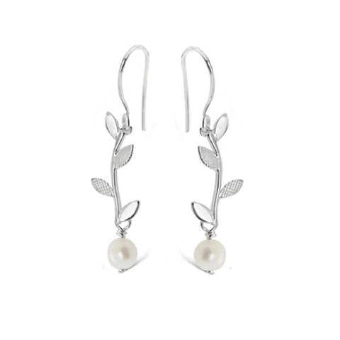 Sterling Silver Long Olive Leaf Drop Earrings With Pearl - alternate view