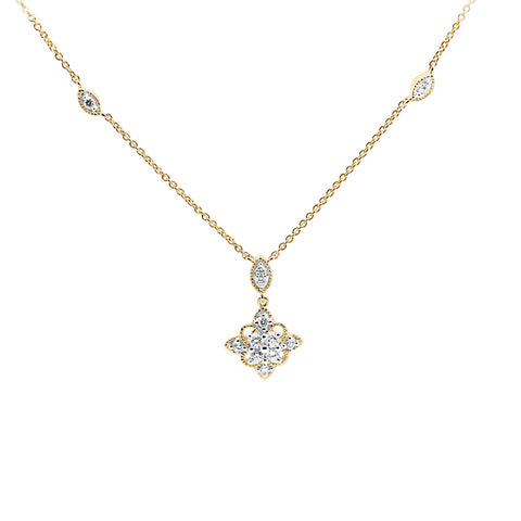 9ct Yellow Gold Diamond Floral Bead Set Drop Necklace - alternate view