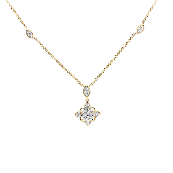 9ct Yellow Gold Diamond Floral Bead Set Drop Necklace - alternate view