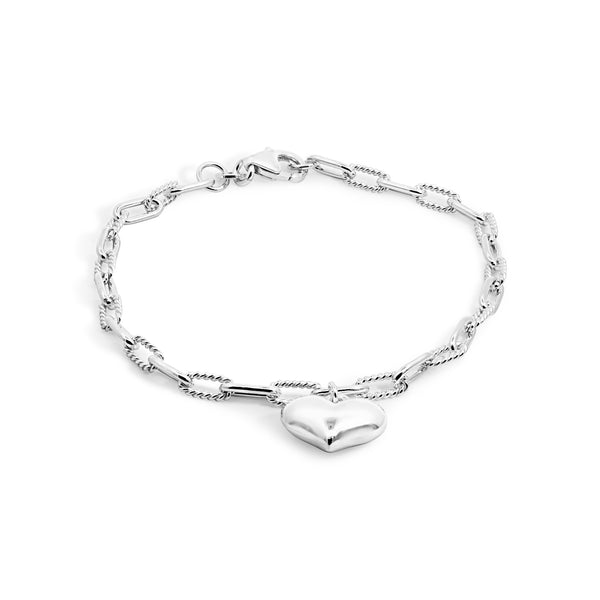Sterling Silver Twist And Plain Oval Link Bracelet With Puff Heart Charm - alternate view
