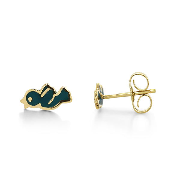 9ct Yellow Gold Enamelled Green Bird Stud Earrings - alternate view
