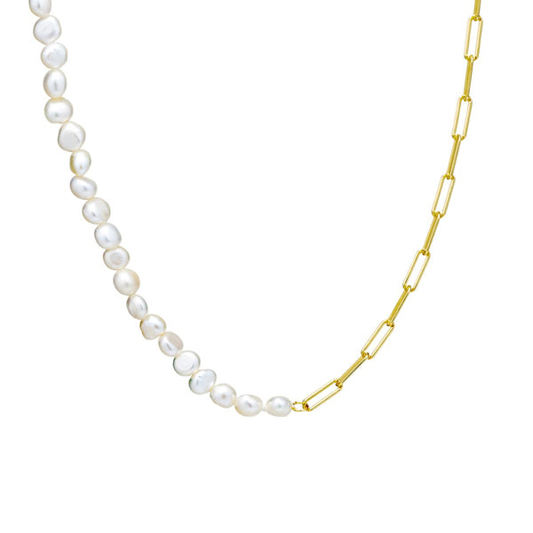 Yellow Gold Plated Oblong Paperlink And Pearl Necklace - alternate view
