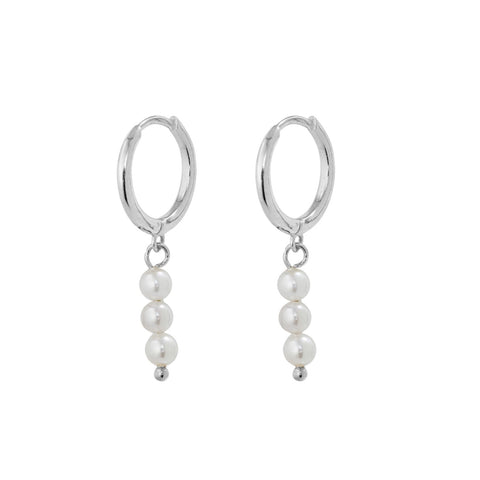 Sterling Silver Huggie Earrings With 3 Single Pearl Drop - alternate view