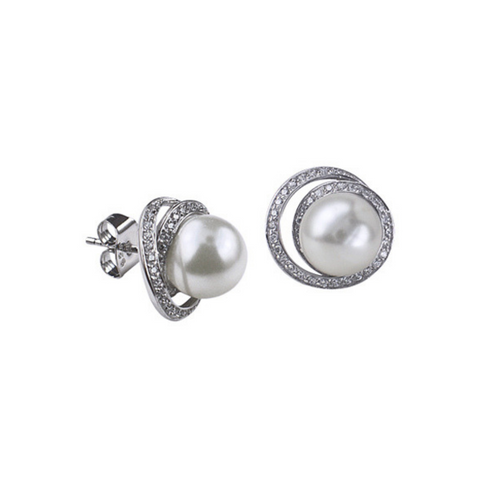Sterling Silver Pearl And Cubic Zirconia Swirl Studs - alternate view