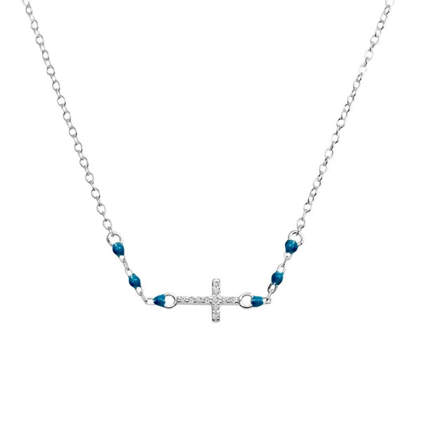 Sterling Silver CZ Cross With Turquoise Enamel Necklace - alternate view