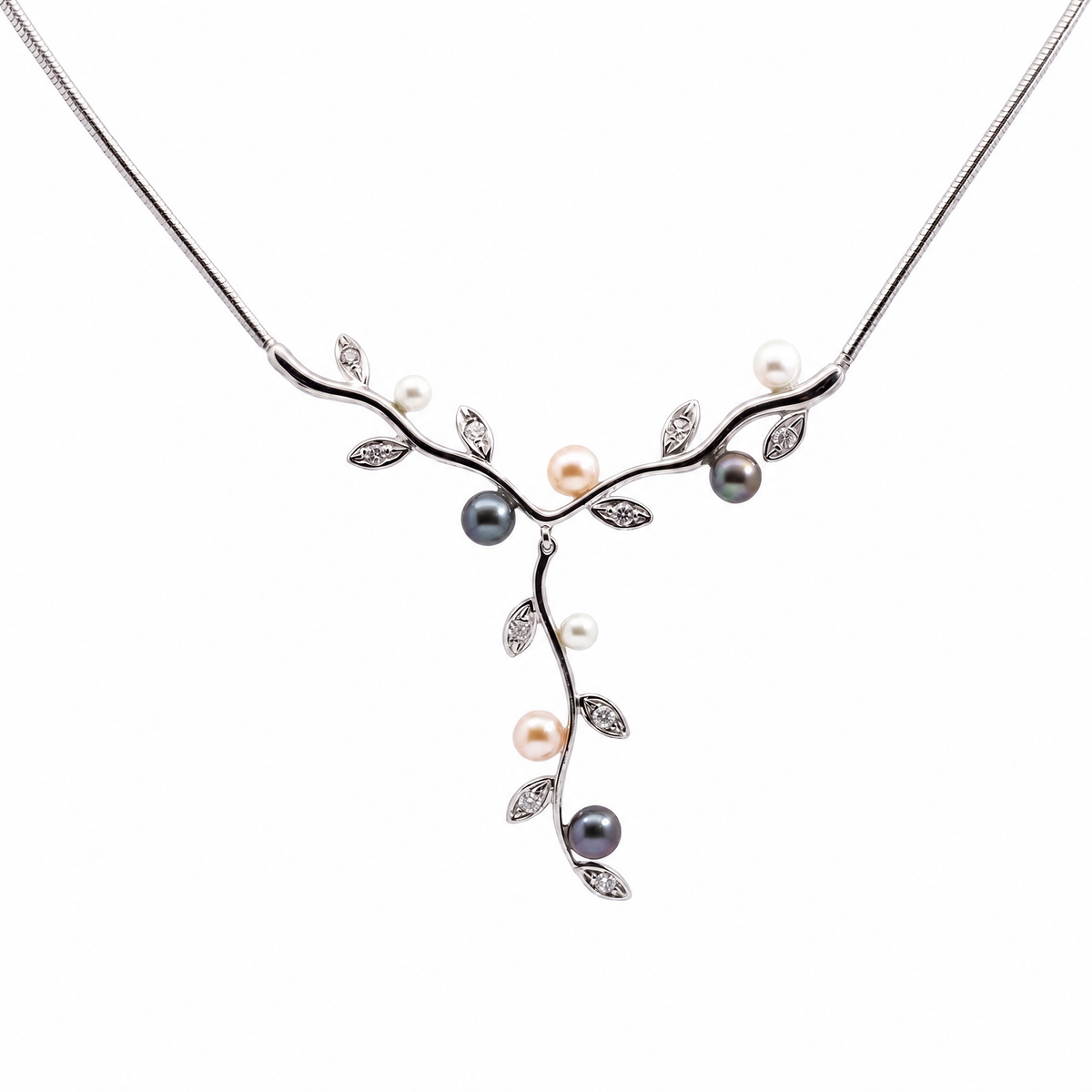 9ct White Gold Pearl & Cubic Zirconia Vine Necklace