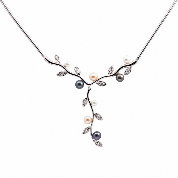 9ct White Gold Pearl & Cubic Zirconia Vine Necklace