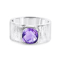 Sterling Silver Cushion Cut Amethyst Ring With Wide Textured Band