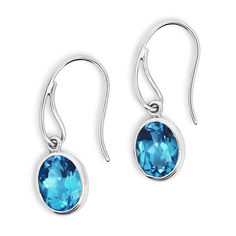 Sterling Silver Oval Swiss Blue Topaz Bezel Set Drop Earrings - alternate view