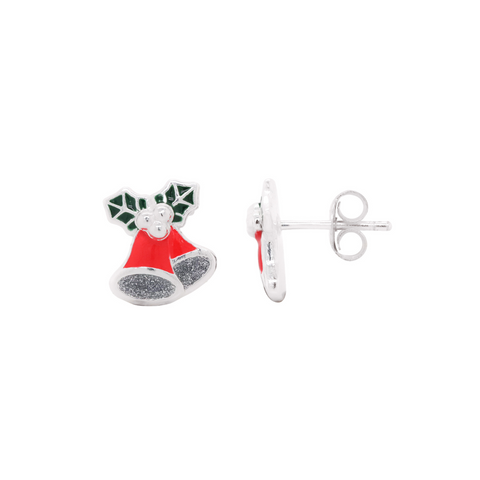 Sterling Silver Enamel Christmas Bells Stud Earrings - alternate view