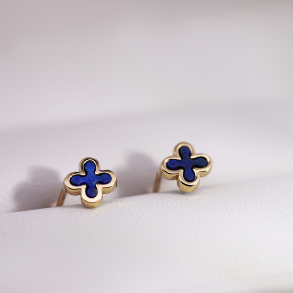 9ct Yellow Gold Blue Enamel Four Leaf Clover Stud Earrings - alternate view