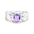 Sterling Silver Oval Ameythst Ring With Hammered Finish Band